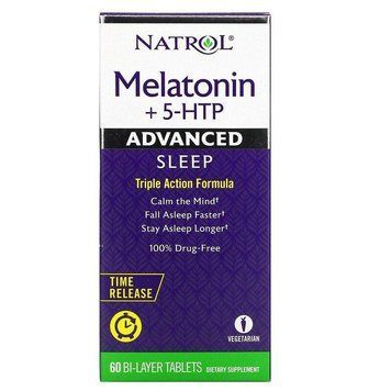 Natrol, мелатонін + 5-HTP, покращений сон, 60 двошарових таблеток NTL-07229 фото