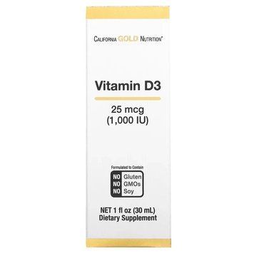 California Gold Nutrition, вітамін D, 25 мкг (1000 МО), 30 мл (1 рідк. унція) CGN-02048 фото