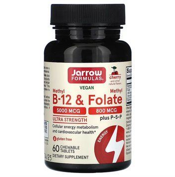 Jarrow Formula, метил B12 і метилфолат, зі смаком вишні, 5000 мкг/800 мкг, 60 жувальних таблеток JRW-18019 фото