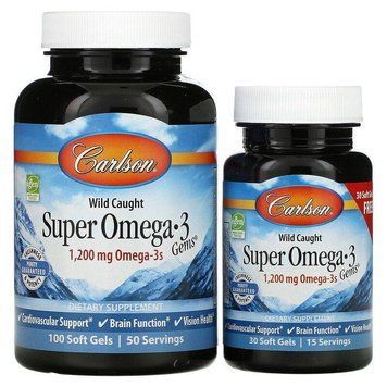 Carlson Labs, Super Omega-3 Gems, високоефективна омега-3 з морської риби, 600 мг, 100 плюс 30 капсул CAR-01524 фото