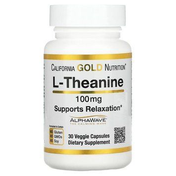 California Gold Nutrition, L-теанін, AlphaWave, підтримка розслаблення, заспокоєння, 100 мг, 30 капсул CGN-01244 фото