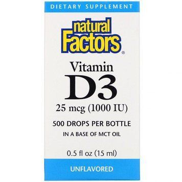 Natural Factors, вітамін D3 у краплях, без ароматизаторів, 25 мкг (1000 МО), 15 мл NFS-01055 фото