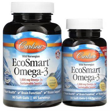 Carlson, EcoSmart Omega-3, натуральний ароматизатор &laquo;Лимон&raquo;, 1000 мг, 90 + 30 желатинових капсул CAR-01804 фото