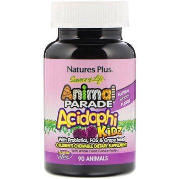 NaturesPlus, Animal Parade, AcidophiKidz, пробіотичний комплекс для дітей, смак натуральних ягід, 90 таблеток NAP-29969 фото