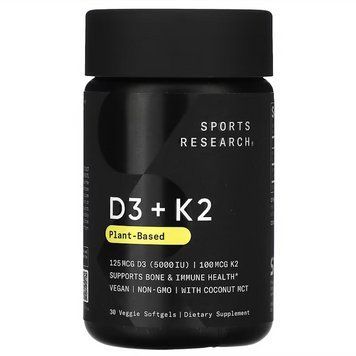 Sports Research, вітаміни D3 + K2 на рослинній основі, 30 рослинних капсул SRE-01147 фото