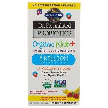 Garden of Life, Dr Formulated Probiotics, Kids Organic+, пробіотики для дітей, полуниця банан, 30 таблеток GOL-12221 фото
