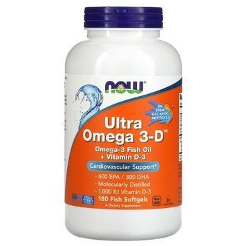 NOW Foods, Ultra Omega 3-D, 600 мг ЕПК / 300 мг ДГК, 180 рибних капсул NOW-01664 фото