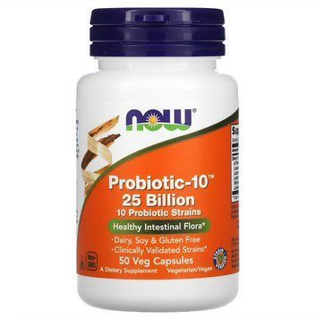NOW Foods, Probiotic-10, 25 млрд КУО, 50 вегетаріанських капсул NOW-02926 фото